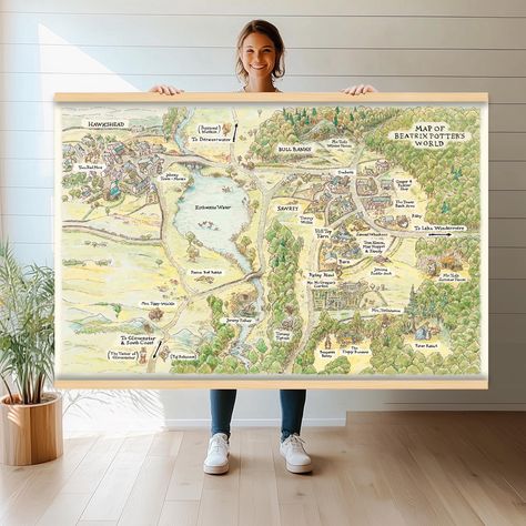 Extra Large Peter Rabbit Watercolor Map | Beatrix Potter World Map Textile Wall Hanging | Nursery Art | Canvas Print Wall Tapestry hn66 Rabbit Themed Nursery, Whimsical Map, Nursery Canvas Art, Peter Rabbit Nursery, Peter Rabbit And Friends, Textile Wall Hangings, Watercolor Map, Beatrix Potter, Peter Rabbit