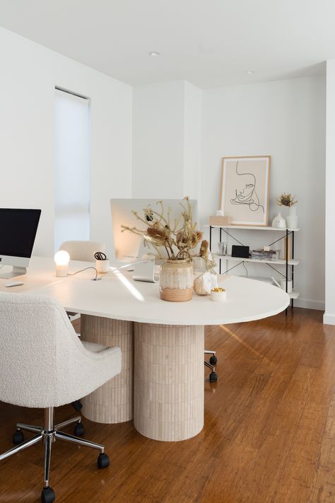 DIY travertine table: Style Curator studio desk 10x12 Office Design, Round Office Desk, Diy Travertine, Table As A Desk, Office Decor Aesthetic, Style Curator, Dining Table Office, Travertine Table, Round Desk