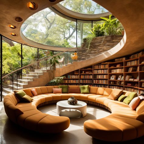 Step into literary luxury with our library-inspired conversation pit. Plush, deep-seated sofas surrounded by floor-to-ceiling bookshelves… | Instagram Library Architecture, 70s House Interior, Floor To Ceiling Bookshelves, Conversation Pit, 70s House, Home Library Design, Dream House Rooms, Luxury Homes Dream Houses, Dream House Interior