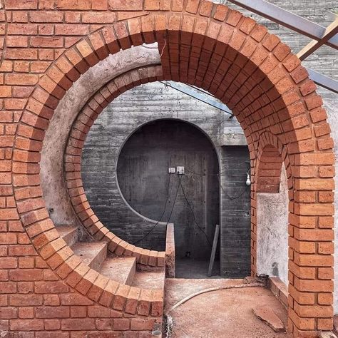 Brick entrance Indian Architecture, Stair Design Architecture, Detail Arsitektur, Brick Art, Brick Architecture, Brick Facade, Brick Design, घर की सजावट, Brick And Stone