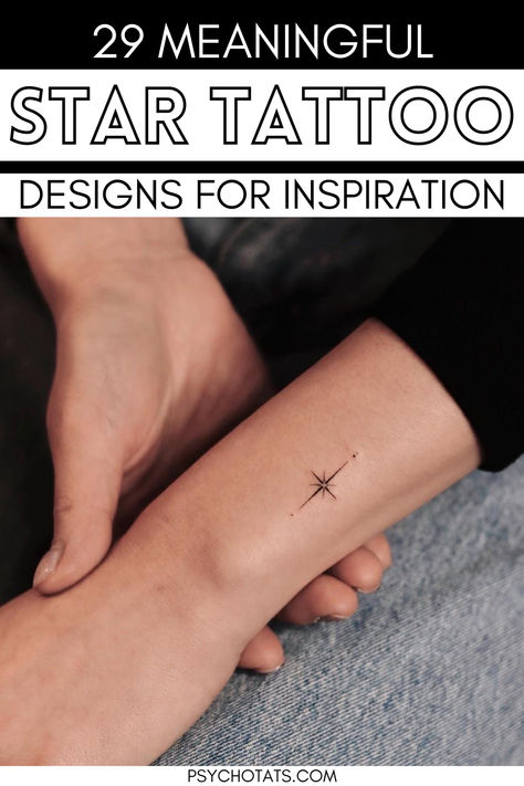 star tattoo designs Celestial Stars Tattoo, Mini Celestial Tattoos, Small Cosmic Tattoo, Dainty North Star Tattoo, North Star Constellation Tattoo, Northern Star Tattoo Designs, Guiding Star Tattoo, Star Gazing Tattoo, Wishing Star Tattoo