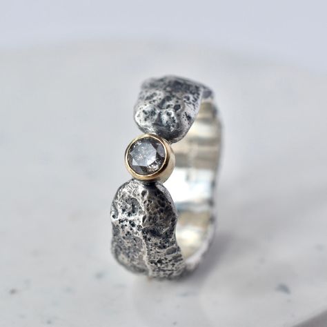 Textured Silver Ring, Wax Carved Ring, Salt Pepper Diamond, Wax Ring, Rough Jewelry, Rough Texture, Wax Carving, Sand Casting, Pepper Diamond