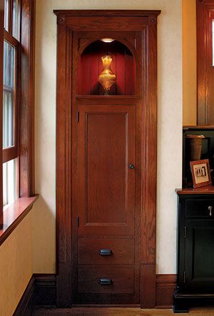 Celebrating Built-in Storage - Fine Homebuilding Victorian Built Ins, Narrow Built In Cabinet, Vintage Built Ins, Craftsman Style Built Ins, Bar Millwork, Alcove Bar, Built In Storage Ideas, Craftsman Built Ins, Mission Style Bedroom