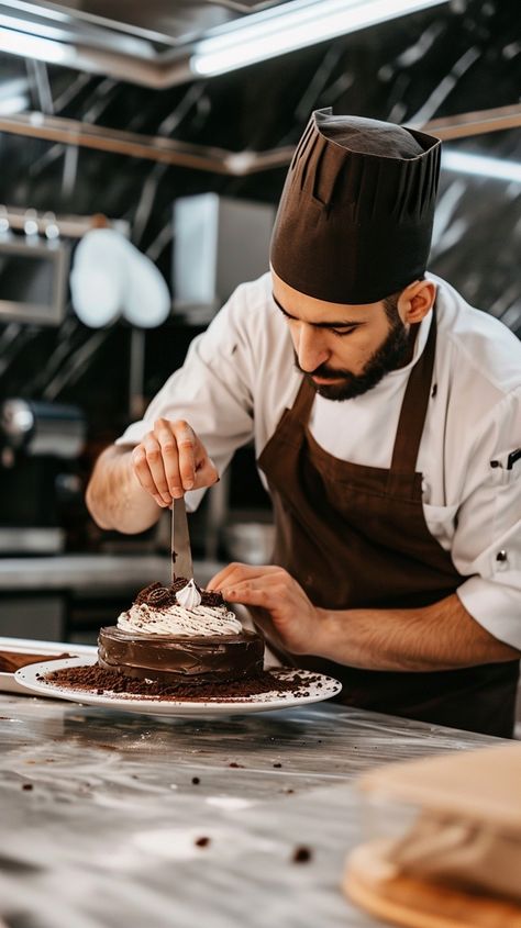 "Chef Decorating Cake: A professional #baker with a focused expression painstakingly adds finishing touches to a #dessert. #foodie #culinaryart #pastrychef #homemade #artist #foodphotography #gourmet ➡️ Download and 📝 Prompt 👉 https://stockcake.com/i/chef-decorating-cake_154820_21086" Baking And Pastry Arts, Dessert Chef, Chef Cake, Professional Cooking, Dessert Plating, Decadent Chocolate Cake, Layered Cake, Rich Chocolate Cake, Pastry Art