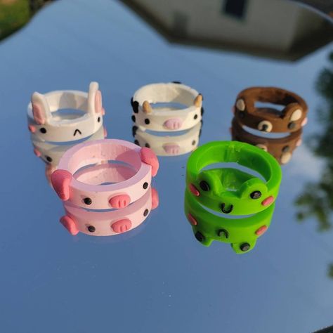 Cow Clay Ring, Frog Clay Ring, Clay Frog Ring, Pig Clay, Cow Clay, Polymer Clay Frog, Frog Clay, Cincin Diy, Fimo Ring