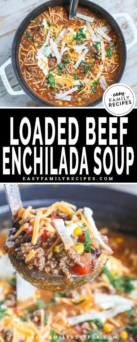 Husband's FAVORITE! This easy soup recipe is always a winner at our house! Ground Beef Enchilada Soup takes all of those comforting mexican flavors and packs them in to a cozy soup perfect for a filling dinner. If you need a ground beef recipe, this is it! This recipe is quick, easy, and can all be made in one pot! Soup With Ground Beef And Spinach, Soup Recipe With Ground Beef, Soups Using Ground Beef, Ground Beef Enchilada Soup, Beef Tortilla Soup, Crockpot Recipes With Ground Beef, Beef Enchilada Soup, Enchilada Soup Recipe, Pierogi Casserole