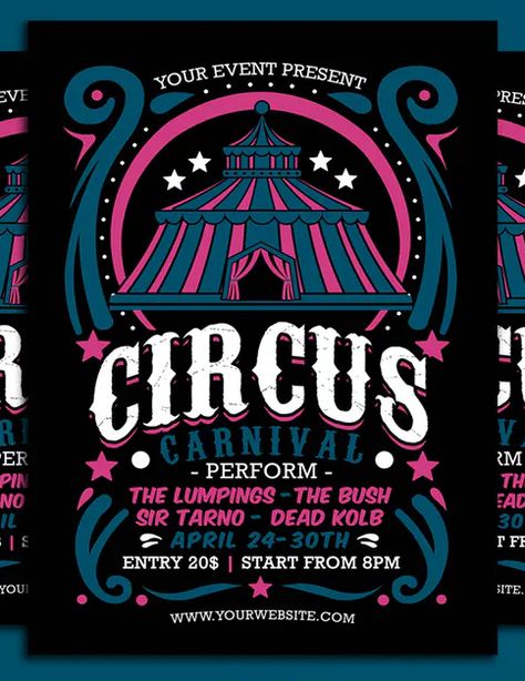 Circus Night Flyer Template PSD Circus Design Graphic, Circus Graphic Design, Circus Poster Design, Circus Flyer, Modern Circus, Carnival Event, Circus Shirts, Vintage Makeup Ads, Hallowen Party