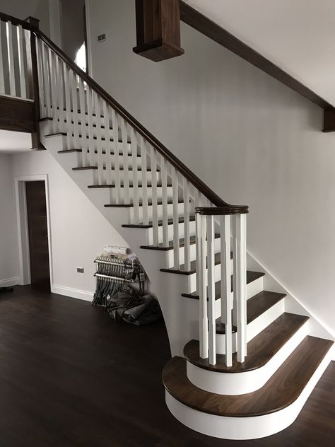 Dark & White Wood Staircase | G & L Staircases Dark And White Staircase, White Stairway Ideas, Dark Wood Staircase, Dark Wood Stairs, White With Dark Wood, Chicago Brownstone, Stained Staircase, Dark Staircase, Cottage Stairs