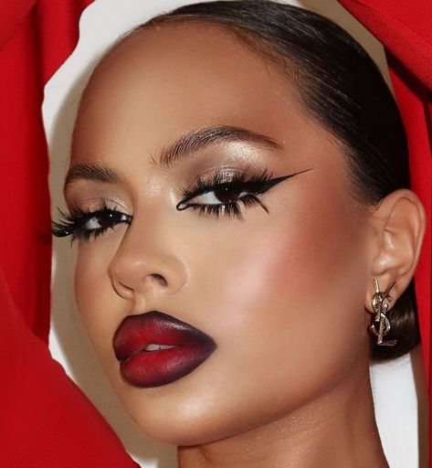 Makeup Looks With A Red Lip, Editorial Makeup Looks Black Women, Holiday Party Makeup Black Women, Red Lipstick Black Liner, Red Dramatic Makeup, Queen Of Hearts Inspired Makeup, Soft Red Makeup Looks, Makeup Shoot Ideas Photoshoot, Red Lip Makeup Look Black Women