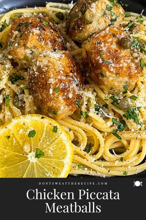 You'll love these savory Chicken Piccata Meatballs with a zesty lemon caper sauce. Perfect for pasta or as a tasty appetizer! Chicken Piccata Meatballs, Chicken Piccata Easy, Lemon Caper Chicken, Chicken Piccata Pasta, Easy Dinner Dishes, Lemon Caper Sauce, Caper Sauce, Appetizer Meatballs, Tasty Meatballs