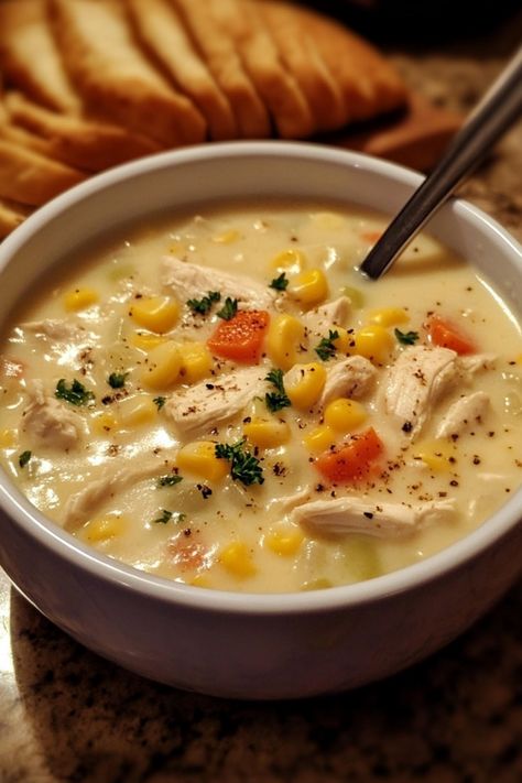 Creamy chicken and corn soup in a white bowl with a spoon. Crock Pot Chicken Corn Soup, Healthy Chicken Corn Chowder, Creamy Chicken Corn Soup, Chicken Corn Potato Chowder, Chicken Corn Chowder Soup Easy, Chicken Corn Chowder Crock Pot, Chicken Corn Soup Recipes, Chicken Soup With Corn, Chicken Chowder Soup