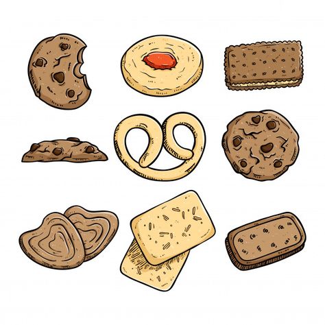 Set of biscuits or cookies with colored ... | Premium Vector #Freepik #vector #food How To Draw Cookies, How To Draw A Cookie, Cookie Art Drawing, Cute Cookie Drawing, Biscuit Drawing, Drawing Cookies, Cookie Doodle, Food Concept Art, Cookies Drawing