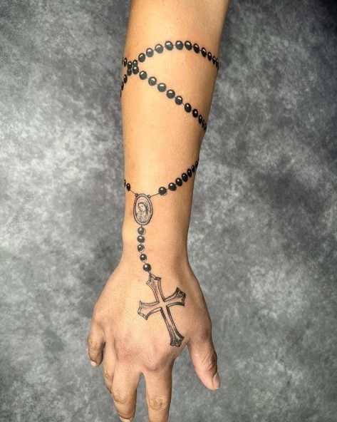 Rosemary Hand Tattoo, Rosary Rose Tattoo, Forearm Rosary Tattoos For Women, Wrap Around Rosary Tattoo Stencil, Rosary Wrist Tattoo For Women, Rosary Wrapped Around Arm Tattoo, Rosary Forearm Tattoo, Rosery Tattoos Hand, Rosary Arm Tattoo