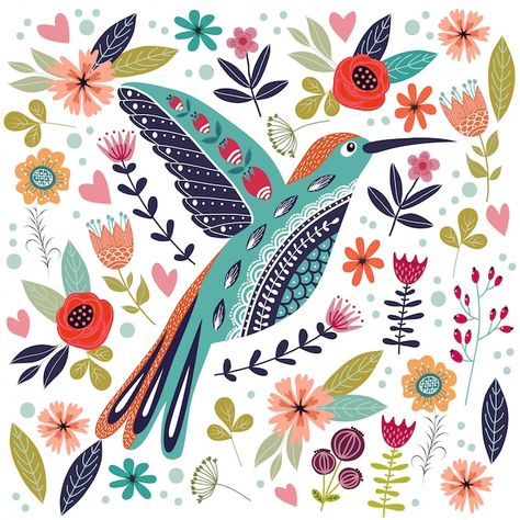 Ilustración colorida con hermoso pájaro ... | Premium Vector #Freepik #vector #flores-pajaros #flores-abstractas #flores-ilustracion #floral-abstracto Folk Bird, Folk Illustration, Flowers Artwork, Bird Throw Pillow, Arte Folk, Honey Design, Folk Art Flowers, Folk Design, Colorful Illustration