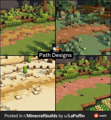 Minecraft Pathing Ideas, Minecraft Gravel Path, Minecraft Dirt Path Design, Minecraft Sand Path, Minecraft Best Builds, Cobblestone Path Minecraft, Minecraft Path Decorations, Paths In Minecraft, Paths Minecraft Ideas