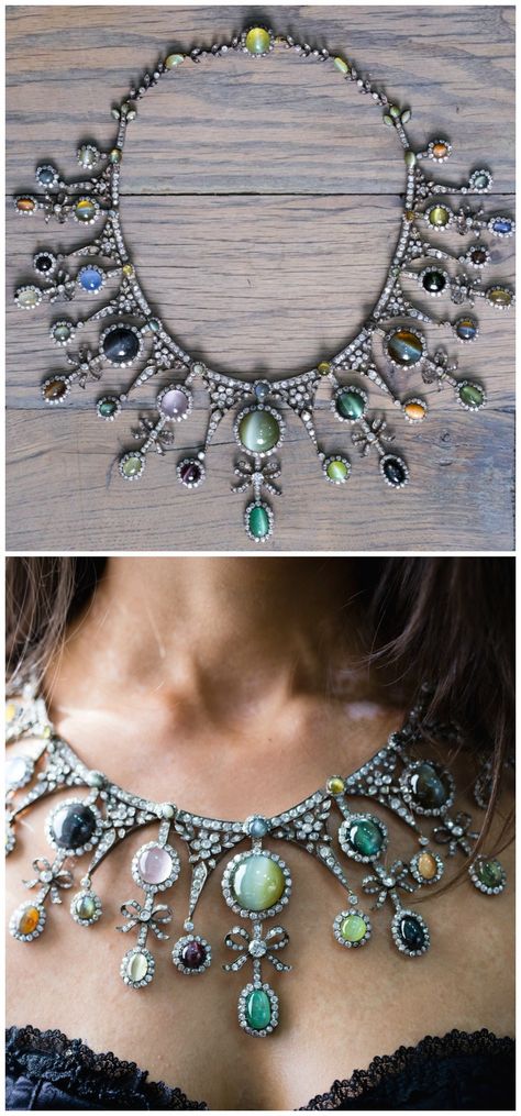 A magnificent antique cat's eye and diamond necklace. Featuring sapphires, chrysoberyl, emeralds, and alexandrite. At Jogani. Cat Eye Necklace, Alexandrite Jewelry, Lotus Jewelry, Trends Magazine, Fantasy Wardrobe, Necklace Collection, Diamond Necklaces, Ruby Pendant, Ruby Necklace