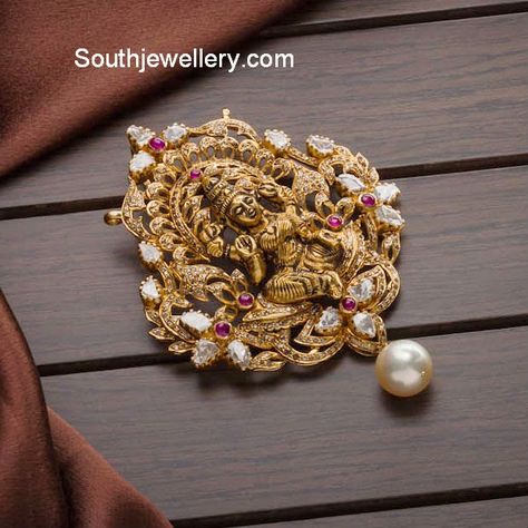 22 carat gold antique finish Goddess Lakshmi pendant studded with flat diamonds, diamonds, rubies and south sea pearl drop. Lakshmi Pendant, Gold Pendent, Locket Design, Gold Temple Jewellery, Gold Jewelry Simple Necklace, Gold Necklace Indian Bridal Jewelry, Antique Jewelry Indian, Gold Pendant Jewelry, Gold Wedding Jewelry