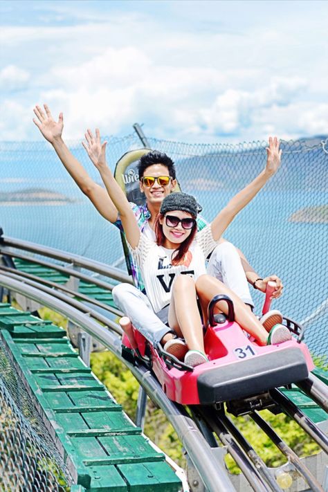 Image of a man and a woman on the alpine coaster at the VinWonders Nha Trang in Vietnam Alpine Coaster, Amusement Parks, Scenic Beauty, New Perspective, Amusement Park, Roller Coaster, Trekking, Vietnam, Coasters