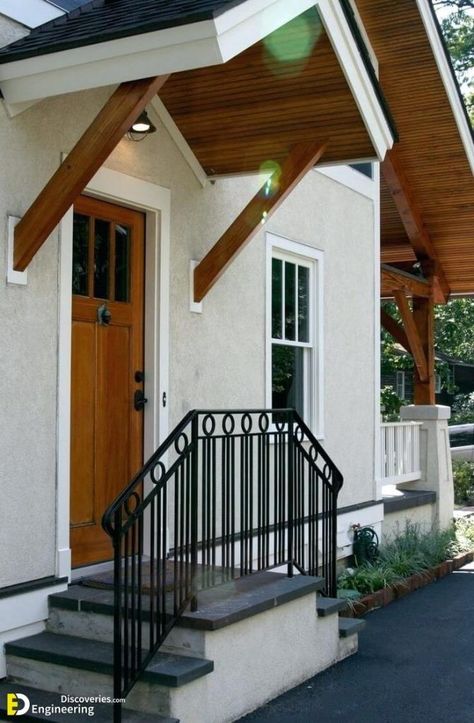 35 Beautiful Front Door Overhang Designs Ideas To Make Your Home Elegant | Engineering Discoveries Front Door Overhang, Awning Ideas, Front Door Awning, Door Overhang, Front Door Steps, Door Awning, Porch Kits, Window Canopy, Porch Plans