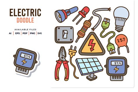 Electric Tools Handdrawn Doodle by yellowline_std on Envato Elements Electricity Doodle, Electricity Drawing, Electronics Drawing, Electrical Drawing, 2023 Bujo, Electricity Poster, Poster Design Kids, Electronics Illustration, Creative Mind Map