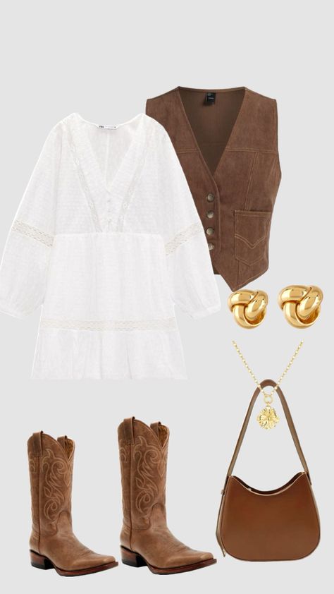 Tenesse Outfit Fall, Western Homecoming Outfits, Soft Country Outfits, Country Cocktail Attire, Women In Construction Outfits, Kacey Musgraves Concert Outfit, Simple Country Outfits, Country Boho Outfit, Brown Cowgirl Boots Outfit