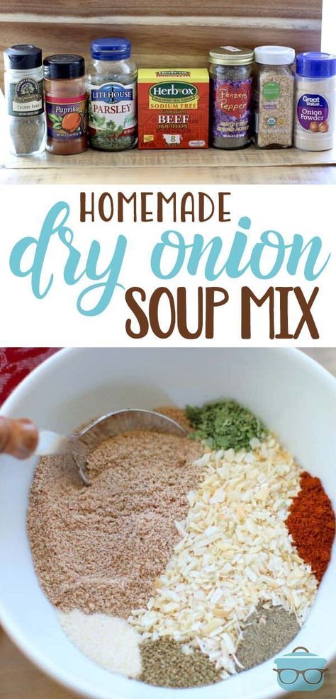 This is a deliciously easy Homemade Dry Onion Soup Mix recipe. Control the sodium, MSG and gluten that goes into your diet with this do-it-yourself recipe! Homemade Dry Onion Soup Mix Recipe, Dry Onion Soup Mix Recipe, Dried Onion Soup Mix Recipes, Soup Onion, Onion Soup Mix Recipe, Dry Soup Mix, Homemade Dry Mixes, Food Homemade, Low Sodium Recipes