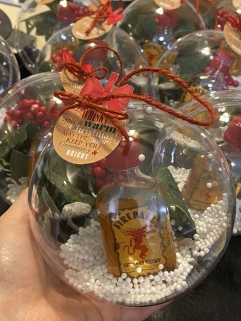 Fireball Christmas Gift, Mini Alcohol Christmas Gift, Fireball Gifts Ideas Diy, Alcohol Gift Basket Christmas, Fireball Favors, Last Minute Coworker Christmas Gifts, Liquor Ornaments, Christmas Liquor Gift Ideas, Fireball Gift Ideas