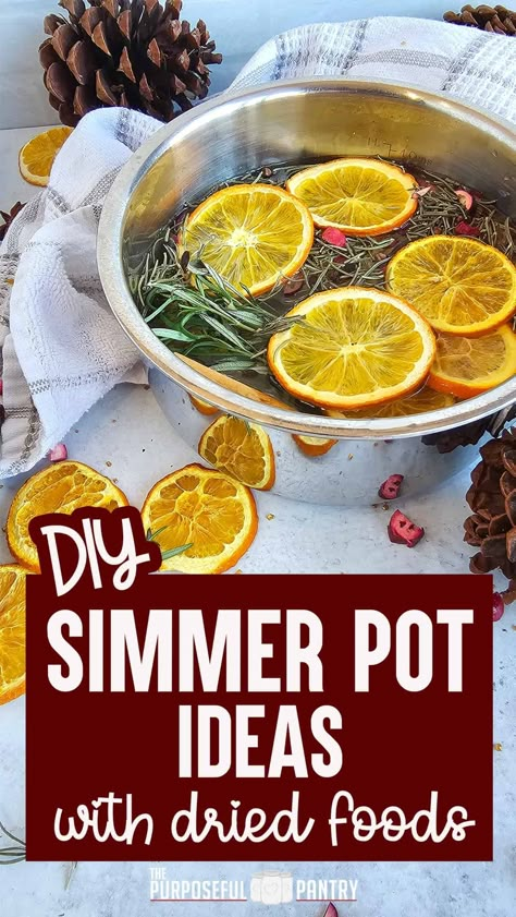 Enhance your home's atmosphere with simmering pots made with dehydrated foods (aka stove top potpourri) – an affordable way to create inviting scents. Mix dried and fresh ingredients on the stove for a fragrant experience that suits your mood. Elevate your space with delightful aromas effortlessly! Save money and create these DIY simmering pot mixtures to make your whole home smell WONDERFUL! Simmer Pot Ingredients, Simmering Pot Recipes, Simmer Pot Kits, Stovetop Simmer, Dehydrator Ideas, Dehydrated Recipes, Simmering Pot, Small Slow Cooker, Homemade Potpourri