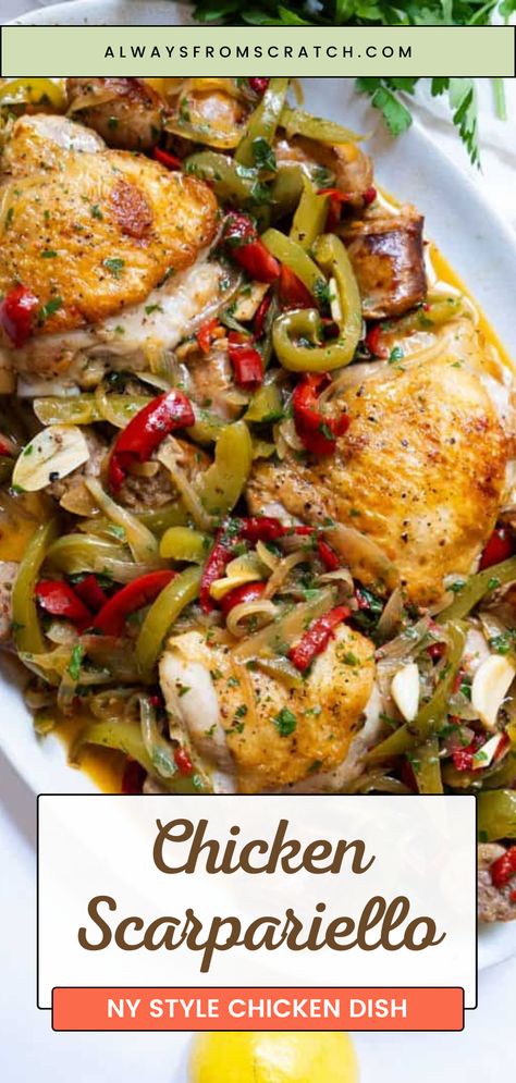 Bring bold flavors to your table with this chicken scarpariello recipe! A classic New York-style chicken dish, this one-pan meal combines tender chicken, sweet Italian sausage, and tangy peppers in a zesty sauce that’s sure to impress. Perfect for fans of Italian-American chicken dishes, this recipe delivers big flavor with minimal effort. If you're craving an authentic, flavorful one-pan chicken scarpariello, this dish is a must-try for weeknights or special occasions! Chicken Scarpariello With Sausage, Italian Sausage And Chicken, Chicken Scarpiello, Chicken Scarpariello Recipe, Italian Fish Recipes, Zesty Italian Chicken, Chicken Scarpariello, Italian Chicken Dishes, Easy Winter Recipes