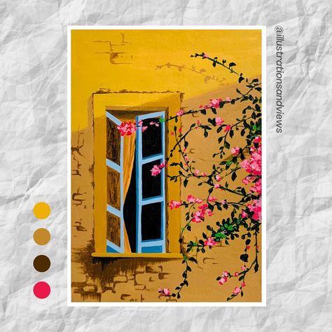 Flower Paintings On Wall, Window Painting On Wall, Window Gouache Painting, Creative Acrylic Paintings, Painting Ideas Window, Acrylic Painting Aesthetic Vintage, Old Window Painting, Aesthetic Vintage Painting, Window Painting Ideas