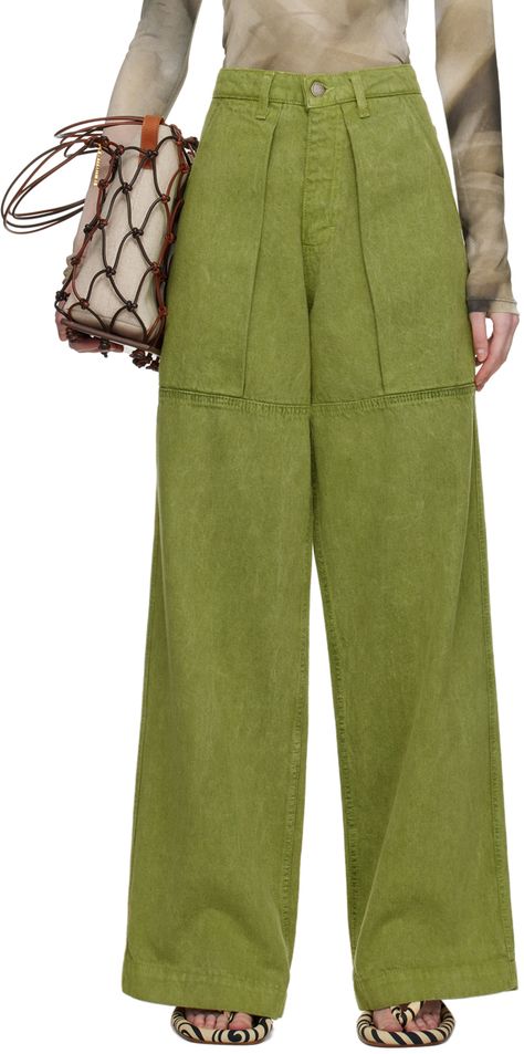 Non-stretch denim jeans. · Paneled construction · Belt loops · Four-pocket styling · Zip-fly · Pleats at front · Logo patch at back waistband Available exclusively at SSENSE. Supplier color: Frog green Ssense Outfit, Green Bottom, Rabbit Hole, Wide Leg Jeans, Stretch Denim, Patch Logo, Apparel Accessories, Denim Jeans, Women Wear