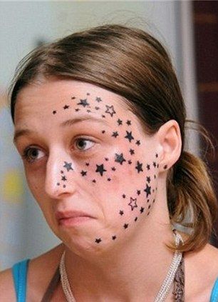 Young Belgian woman finally has 56 star tattoos removed from her face after four-year ordeal | Daily Mail Online Star Face Tattoo, Face Tattoos For Women, Laser Removal, Tattoo Fails, Constellation Tattoos, Face Tattoos, Face Tattoo, Face Images, Tattoo Removal