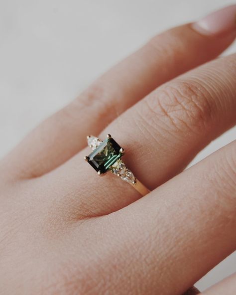 Congratulations Quin + Rae 🥹💍🍾 We customized our Elsie setting, switching out the centre stone for a stunning 6x4mm natural dark green tourmaline with pear and round accents. We wish you the best for your engagement season!! Engagement photos by the lovely: @jordanfayephotography Green Engagement Rings, Dream Rings, Engagement Season, Wish You The Best, Wedding Idea, Dream Ring, Green Tourmaline, Emerald Ring, Engagement Photos