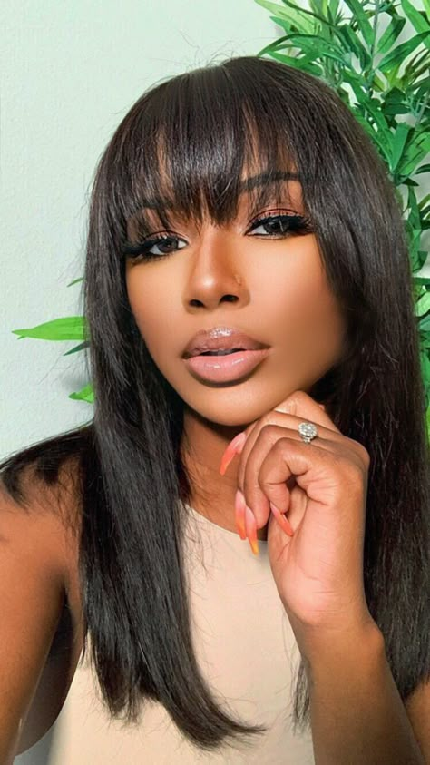 Long Straight Hair With Bangs Sew In, Long Layered Wigs For Black Women, Bang Hairstyles Black Women Natural Hair, Black Women Bangstyle Hair Long, Chinese Bangs Black Women Natural Hair, China Bangs Hairstyles Black Women, Swoopy Bangs Long Hair, Straight Sew In With Bangs, Bangs For Round Face Black Women