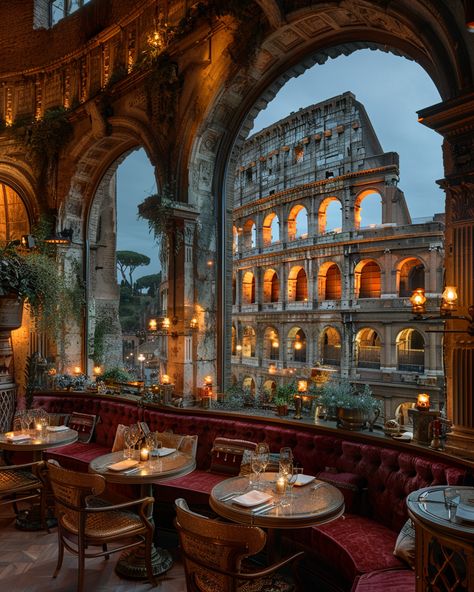 Interior View of Luxury Double Height Colosseum Arched Restaurant Michelin Restaurant Interior, Italian Windows Design, Rome Italy Restaurants, Restaurant Building Exterior, Classic Cafe Interior, Vintage Italian Restaurant, Colleseum Rome, Rome Cafes, Italian Restaurant Interior Design