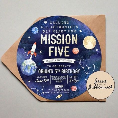 Creative Kids Invitation Templates for Birthdays Space Theme Invitations Birthday, Space Themed Birthday Invite, Space Planets Birthday Party, Space Themed Birthday Invitations, Space Themed Invitations, Space Mission 5 Birthday, Space Themed Birthday Party Invitations, Space Party Ideas Decorations, Third Birthday Space Theme