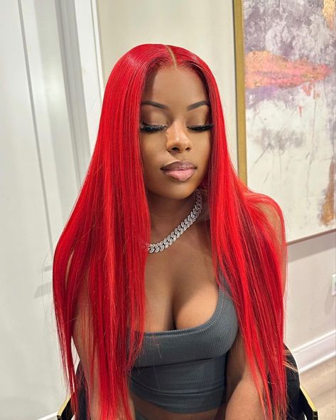 Red Hair Black Women Wig, Red Buss Down Middle Part, Red Lace Front Wigs Black Women, Short Haircut Ideas, Edgy Short Haircuts, Peekaboo Hair, Lace Fronts, Bright Red Hair, Easy Hairstyles For Medium Hair