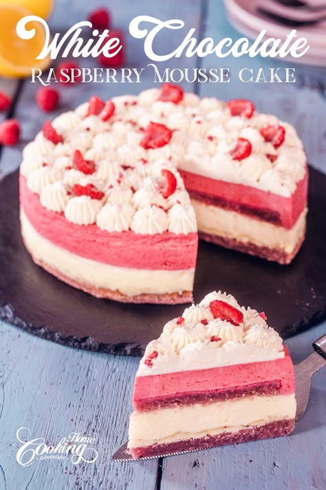 This White Chocolate Raspberry Mousse Cake is a luscious and indulgent dessert that combines the flavors of creamy white chocolate and tart raspberry White Chocolate Raspberry Mousse Cake, Crazy Recipes To Try, Raspberry Mousse Cake Filling, Raspberry Mousse Recipe, Cheesecake Cakes, Chocolate Raspberry Mousse, Roll Desserts, Raspberry Recipes Dessert, Cinnamon Roll Desserts