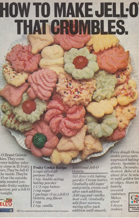 vintage jell-o recipe to make holiday spritz cookies. Cookie Press Cookies, Jello Cookies Recipe, Press Cookies, Spritz Cookie Press, Cookie Press Recipes, Jello Cookies, Spritz Cookie, Fruity Cookies, Spritz Cookie Recipe