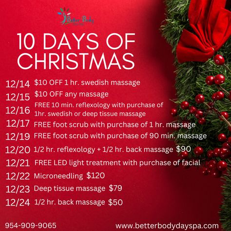 Massage Holiday Promotions, Spa Specials Ideas Christmas, Christmas Spa Specials, Holiday Massage Specials, Christmas Massage Specials, Spa Holiday Promotions, Spa Christmas Promo, October Massage Specials, Spa Marketing Ideas