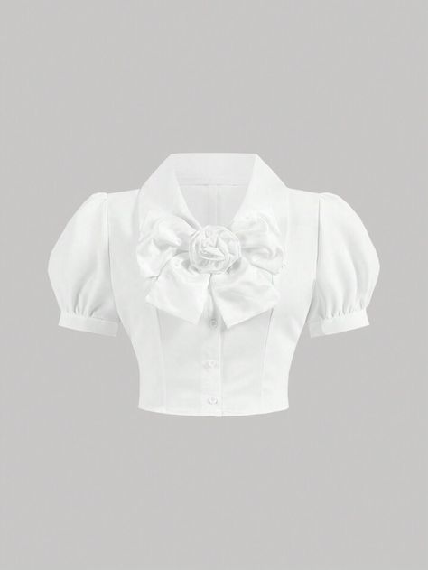 SHEIN MOD Plus Romantic Summer Short Sleeve Blouse Featuring 3D Bow Detail Bow And Oversized Rose Flower Bubble Sleeves With Waist Cinching Design,White Shirt | SHEIN USA Character Board, Romantic Summer, Fantasy Clothing, Plus Size Blouses, Soft Girl, Kids Beachwear, Cinched Waist, Bow Detail, Summer Tops