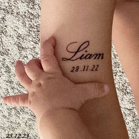 Liam Tattoo Name Cursive, Baby Girl Name Tattoo Ideas, Tattoo Ideas Female Kids Names, Liam Name Tattoo, Levi Name Tattoo, Tattoos Names Ideas, Name On Forearm Tattoo, Last Name Tattoo For Women, Kids Names Tattoos For Women