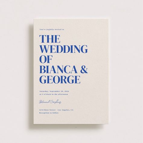 Bold Wedding Invitations belmont vertical wedding invitation wedding modern typography bold colorful unique maximalist royal blue ivory Bold Wedding Invitations, Classic Serif Fonts, Wedding California, School Supplies Shopping, Royal Blue Wedding, Design Card, Blue Wedding Invitations, Bold Fonts, Modern Typography