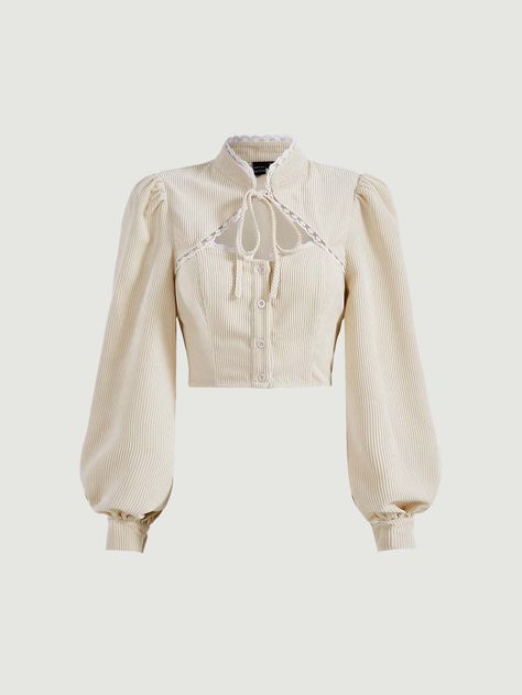 [CommissionsEarned] Beige Elegant Collar Long Sleeve Corduroy Plain Top Embellished Non-Stretch Women Tops, Blouses And Tee #fashiontopsblouse Fantasy Blouse, Off White Blouse, Burmese Clothing, Frill Top, Fitted Blouse, Frill Blouse, Myanmar Dress Design, Fashion Tops Blouse, Beige Top