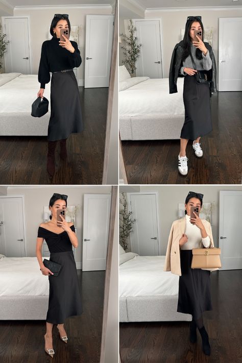 Slip Skirt Outfit Winter, Silk Skirt Outfit Winter, Slip Skirt Outfit Fall, Black Slip Skirt Outfit, Petite Outfits Fall, Slip Dress Outfit Winter, How To Style A Slip Dress, Slip Skirt Outfit, Silk Skirt Outfit