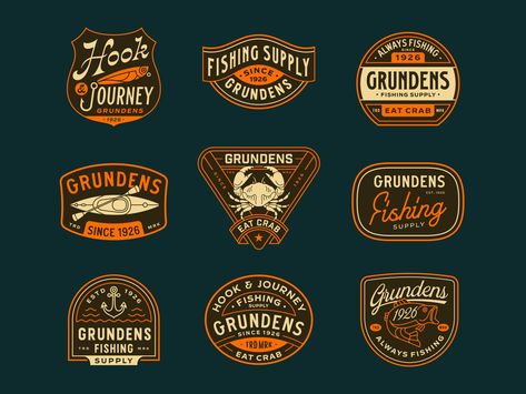 Grundens - Badges by Muhammad Bagus Prasetyo for Skilline Design Co. on Dribbble Logo Badge Design, Patch Design Ideas, Vintage Badge Design, Classic Lettering, Fishing Supplies, Outdoor Stickers, Badge Logo, Professional Logo Design, Modern Logo Design