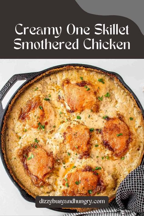 These Smothered Chicken Thighs are seared to perfection on the stove and covered in a homemade flour-based gravy. Baked to juicy perfection, this comforting recipe is easy to prep and will give you time for other things. Break out your 12 to 15 inch skillet and enjoy comfort food at its finest! This juicy and tender chicken dinner is perfect for a weeknight meal. Creamy Smothered Chicken, Chicken Ole, Smothered Chicken Thighs, New Mom Meals, Skillet Chicken Thighs, Chicken Thighs Dinner, Mom Meals, Homemade Flour, Slow Cooker Bread