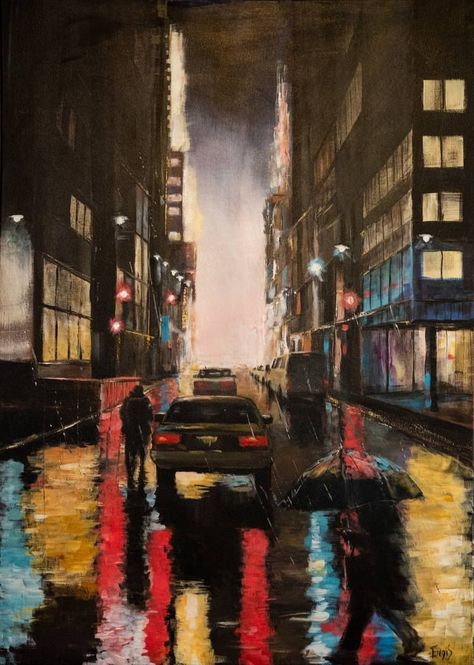 Original Cities Painting by Eugis Eidukaitis | Impressionism Art on Canvas | Night lights. #beautiful #art #draw #digitalart #gallery #illustration #paint #drawing #abstract #color #popart #watercolor #artworks #galleryart #graphicart City Lights At Night Painting, Night Street Painting Acrylic, Painting Of City At Night, Car At Night Painting, City Rain Painting, Night Lights Painting, Street Lights At Night Painting, Car In Rain Painting, Night Light Painting