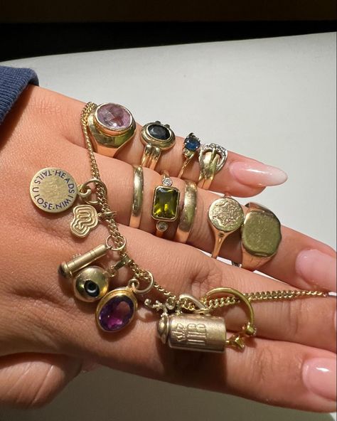 alisha and her jewels 🦚 | Heavy on the jewelry rotation 🦚🌀🧚🏽‍♀️ #jewelrycollection #solidgold #goldjewelry #personalcollection #pc #vintage #antique #portugal… | Instagram Layered Rings Gold, Rings Layering, Ring Stack Gold, Portugal Instagram, Heavy Jewellery, Vintage Gold Jewelry, Uncut Gems, Gem Gem, Jeweled Shoes