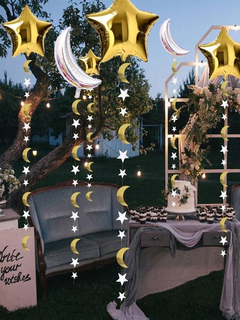 Stars Decorations Party, Moon Theme Party Decor, Star Birthday Party Ideas Decoration, Night Sky Party Decorations, Outerspace Party Ideas, Moon And Stars Party Decorations, Moon And Stars Theme Party, Full Moon Party Ideas, Moon Decorations Party